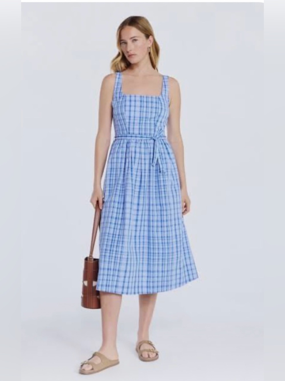 Free Assembly Blue Plaid Cotton Midi Dress Square Neck XS NWT